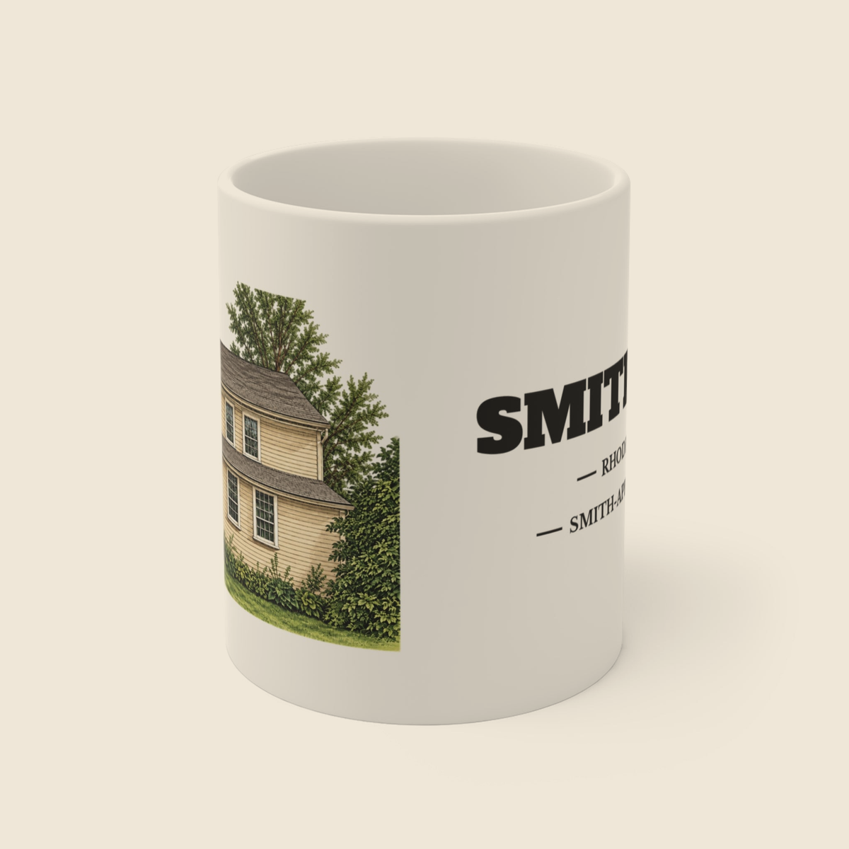 Smithfield Smith-Appleby House colored engraving on an 11 oz white ceramic mug, cream display background