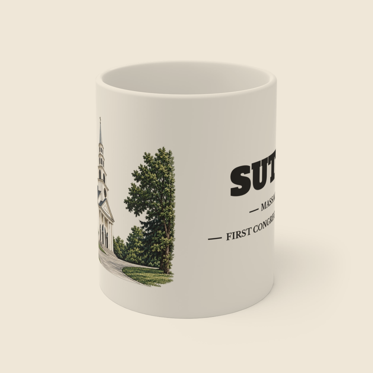 Sutton First Congregational Church colored engraving on an 11 oz white ceramic mug, cream display background