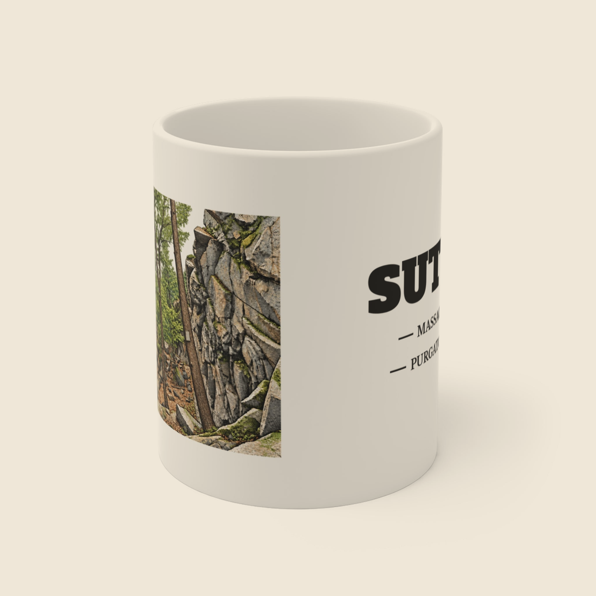 Sutton Purgatory Chasm colored engraving on an 11 oz white ceramic mug, cream display background