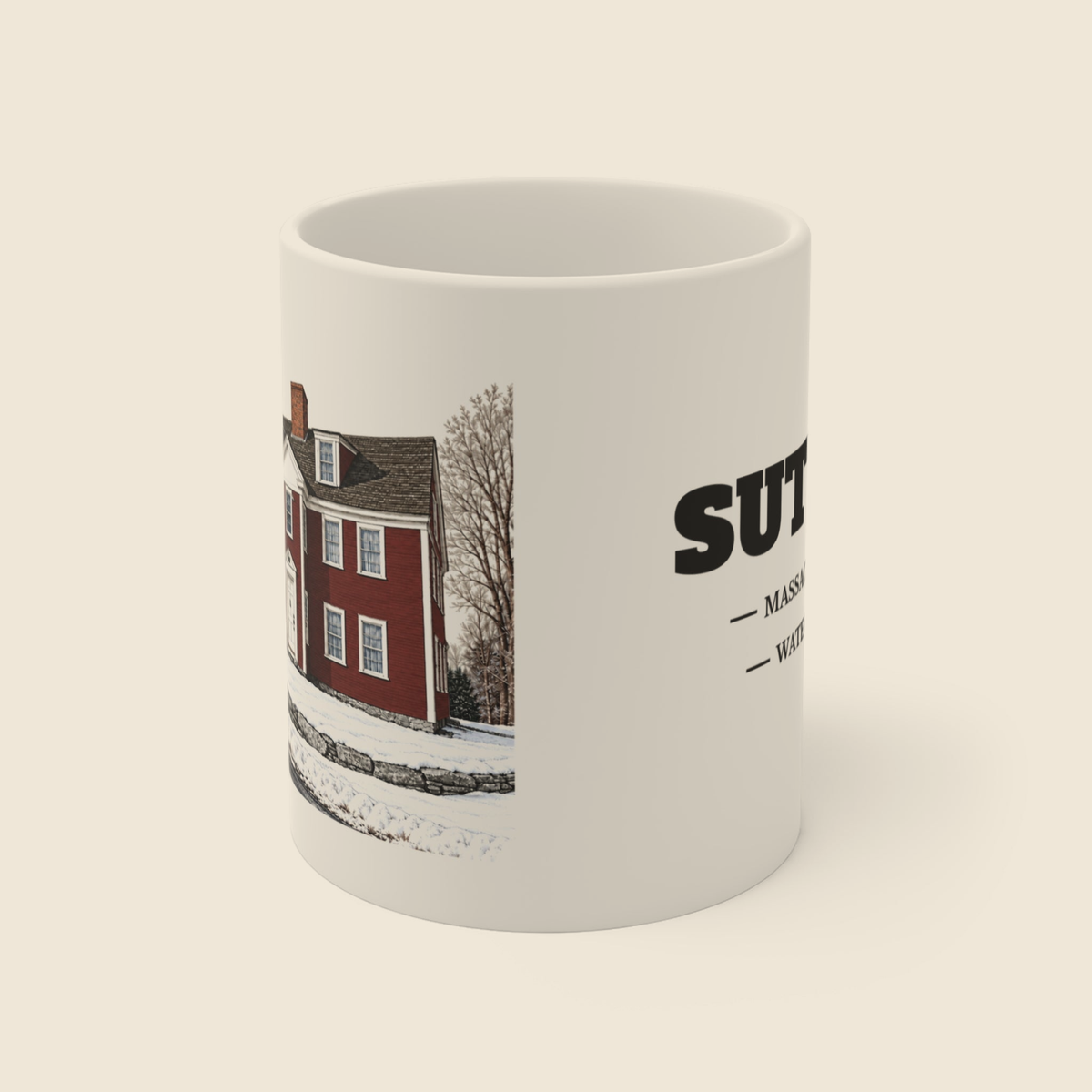 Sutton Waters Farm colored engraving on an 11 oz white ceramic mug, cream display background