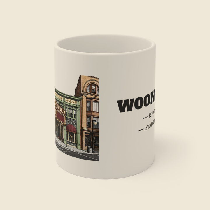 Woonsocket Stadium Theatre colored engraving on an 11 oz white ceramic mug, cream display background
