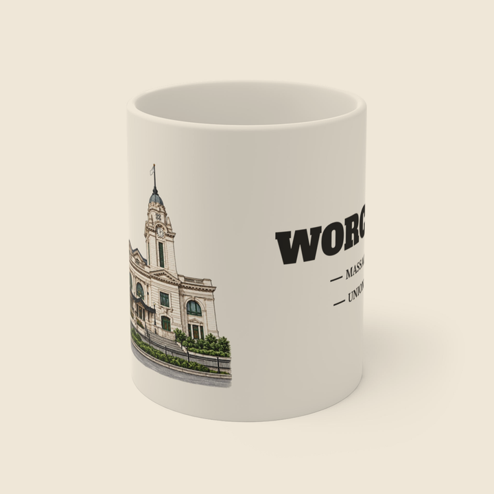 Worcester Union Station colored engraving on an 11 oz white ceramic mug, cream display background