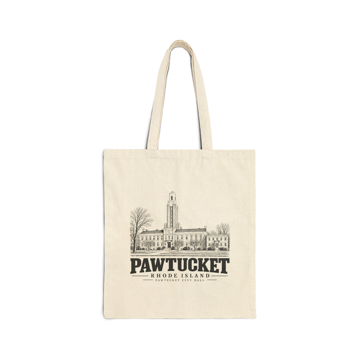 Pawtucket City Hall on Natural heavy canvas tote, front view