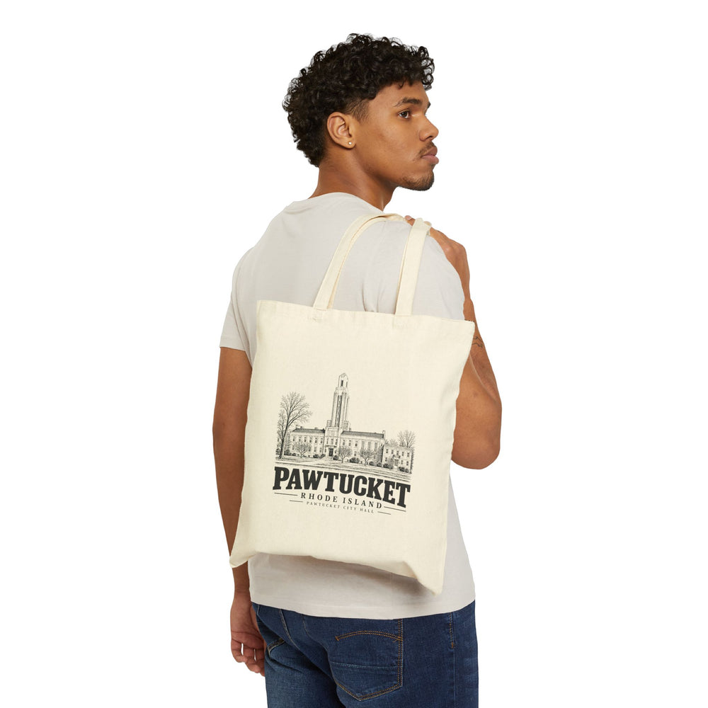 Pawtucket City Hall on Natural heavy canvas tote, carried view