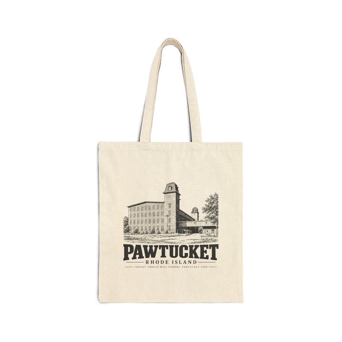Pawtucket Conant Thread Mill Towers art on Natural heavy canvas tote, front view