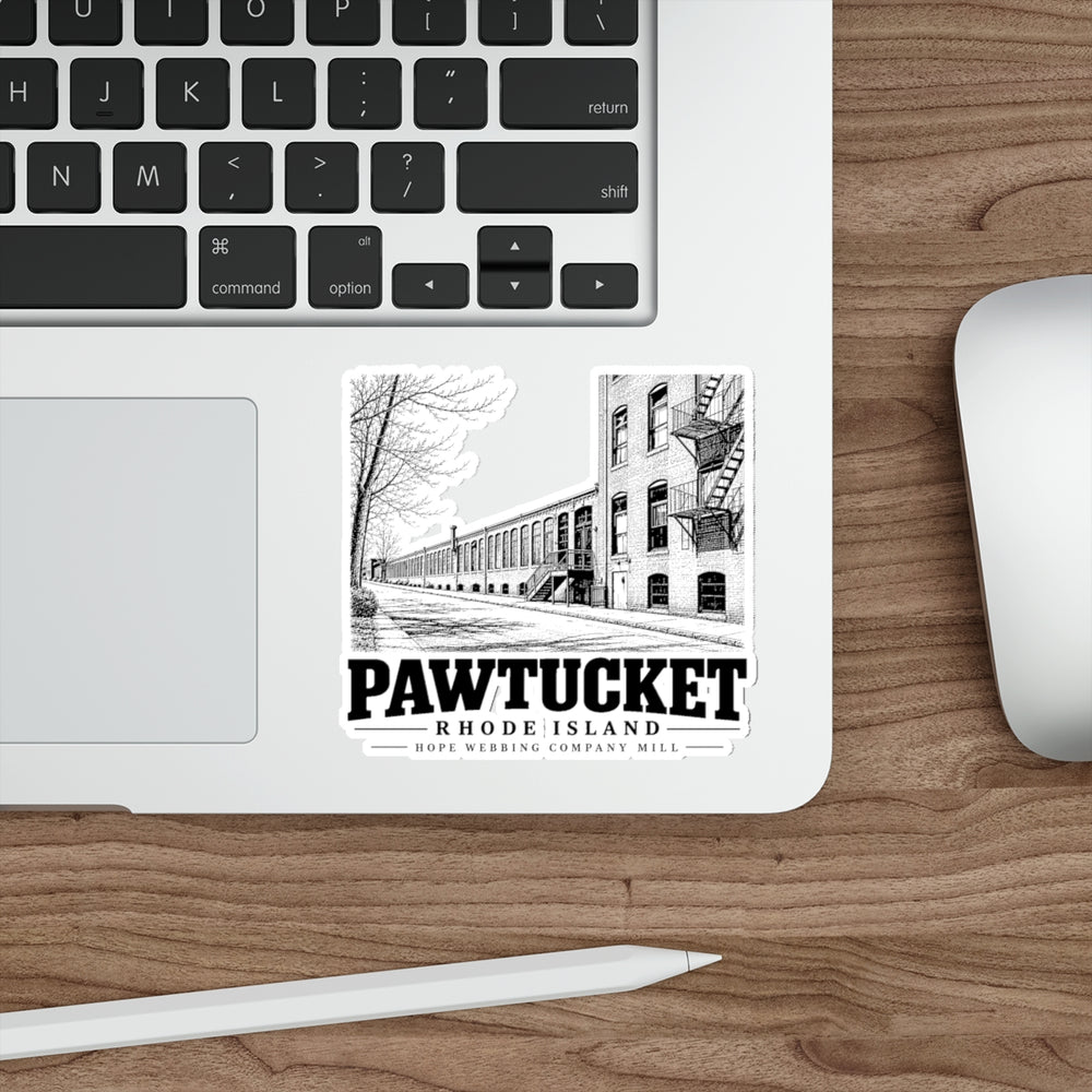 Pawtucket Hope Webbing Company Mill 4 in die-cut sticker, laptop view