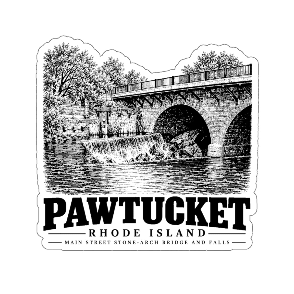 Pawtucket Main Street Stone-Arch Bridge and Falls 4 in die-cut sticker, front view