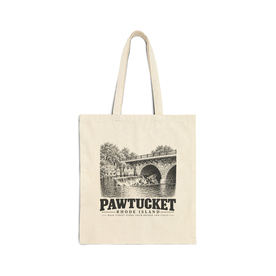 Pawtucket Main Street Stone-Arch Bridge and Falls on Natural heavy canvas tote, front view
