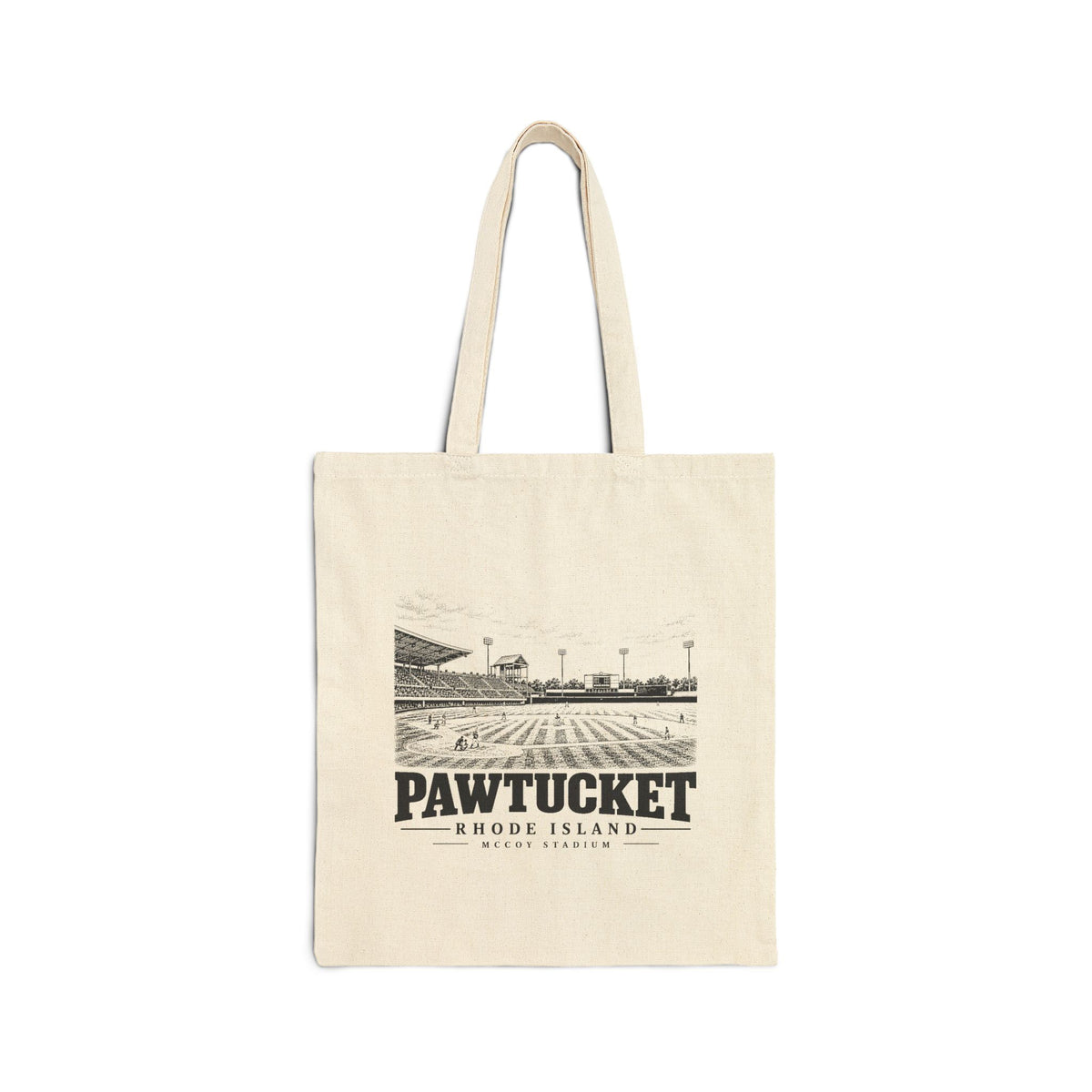 Pawtucket McCoy Stadium on Natural heavy canvas tote, front view