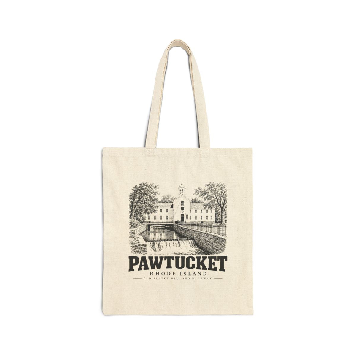 Pawtucket Old Slater Mill and Raceway on Natural heavy canvas tote, front view