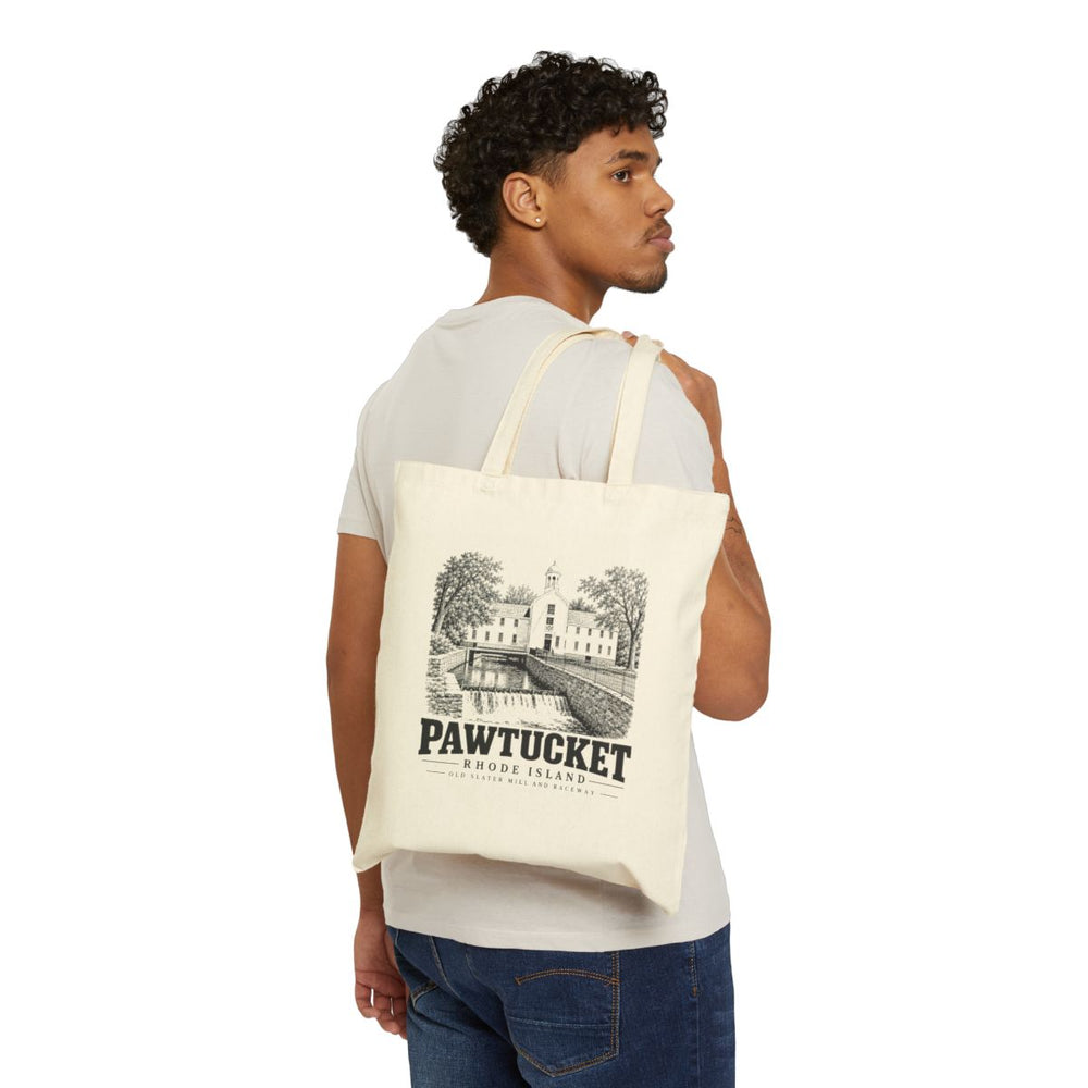 Pawtucket Old Slater Mill and Raceway on Natural heavy canvas tote, carried view
