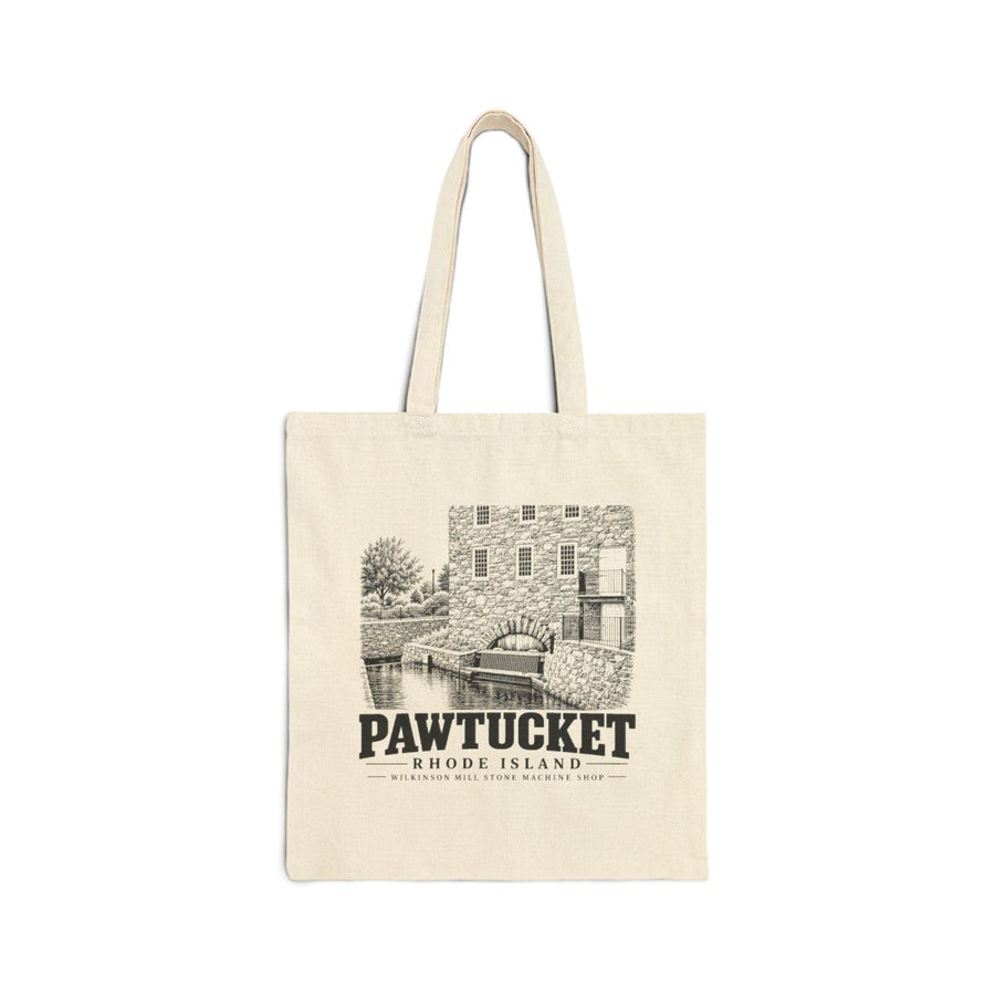 Pawtucket Wilkinson Mill Stone Machine Shop on Natural heavy canvas tote, front view