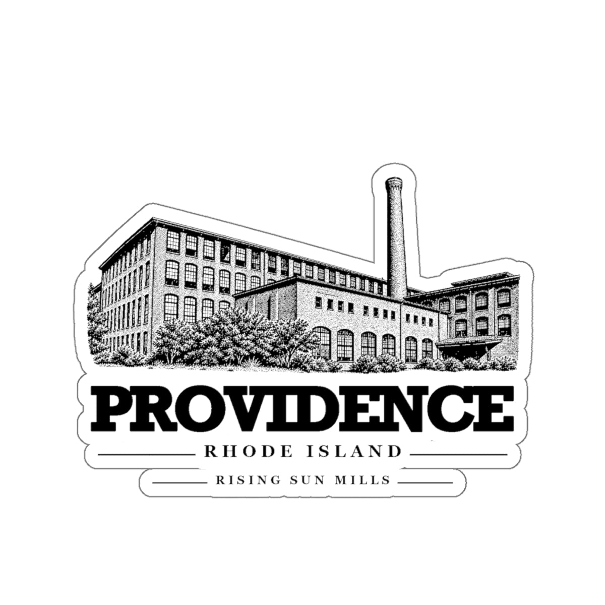 Providence Rising Sun Mills on white four-inch die-cut vinyl sticker, front view