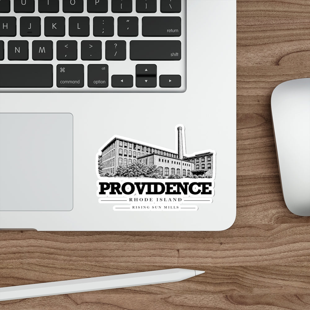 Providence Rising Sun Mills on white four-inch die-cut vinyl sticker, laptop context
