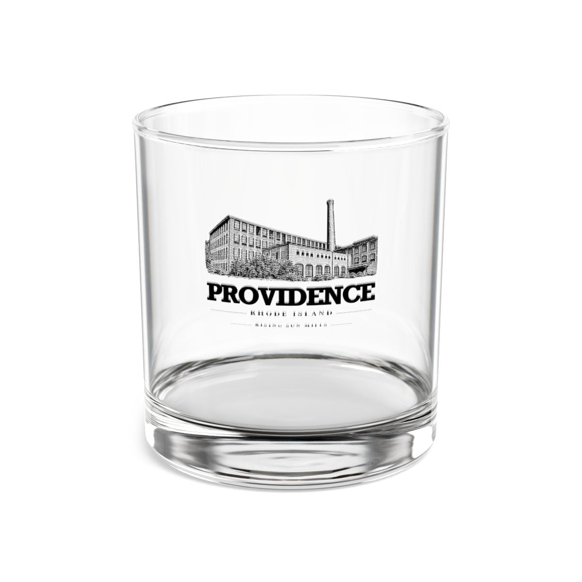 Providence Rising Sun Mills on clear 10 oz rocks glass, front view