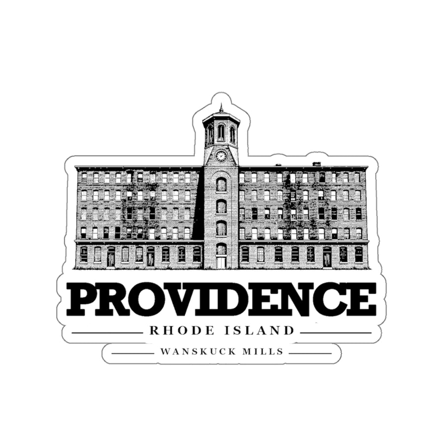 Providence Wanskuck Mills on white four-inch die-cut vinyl sticker, front view
