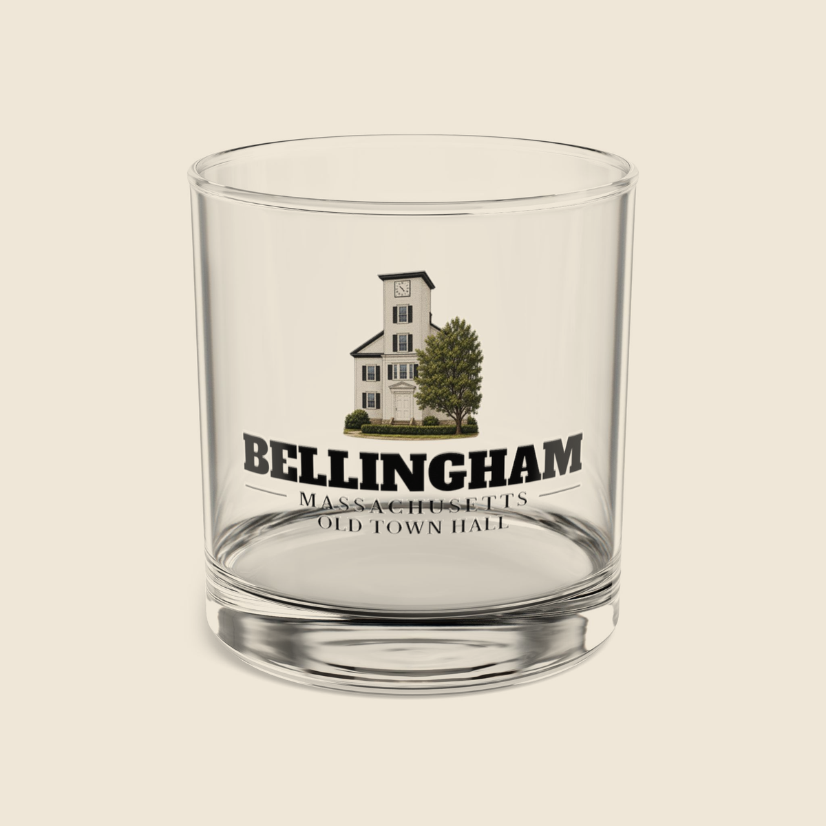 Bellingham Old Town Hall rocks glass with colored engraving, shown on a cream background