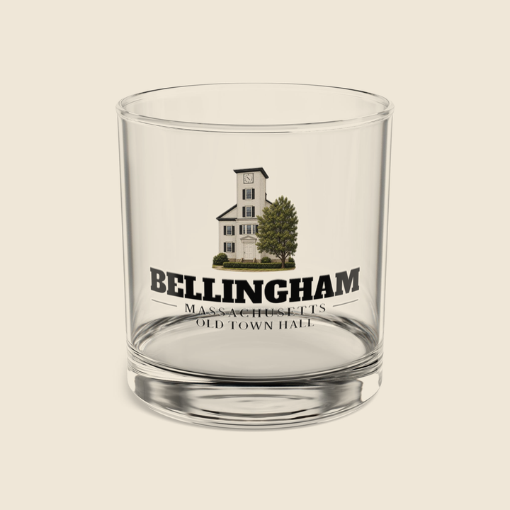 Bellingham Old Town Hall rocks glass with colored engraving, shown on a cream background