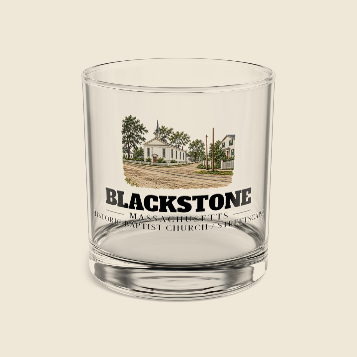 Blackstone Historic Baptist Church and streetscape colored engraving on a 10 oz clear rocks glass, cream display background