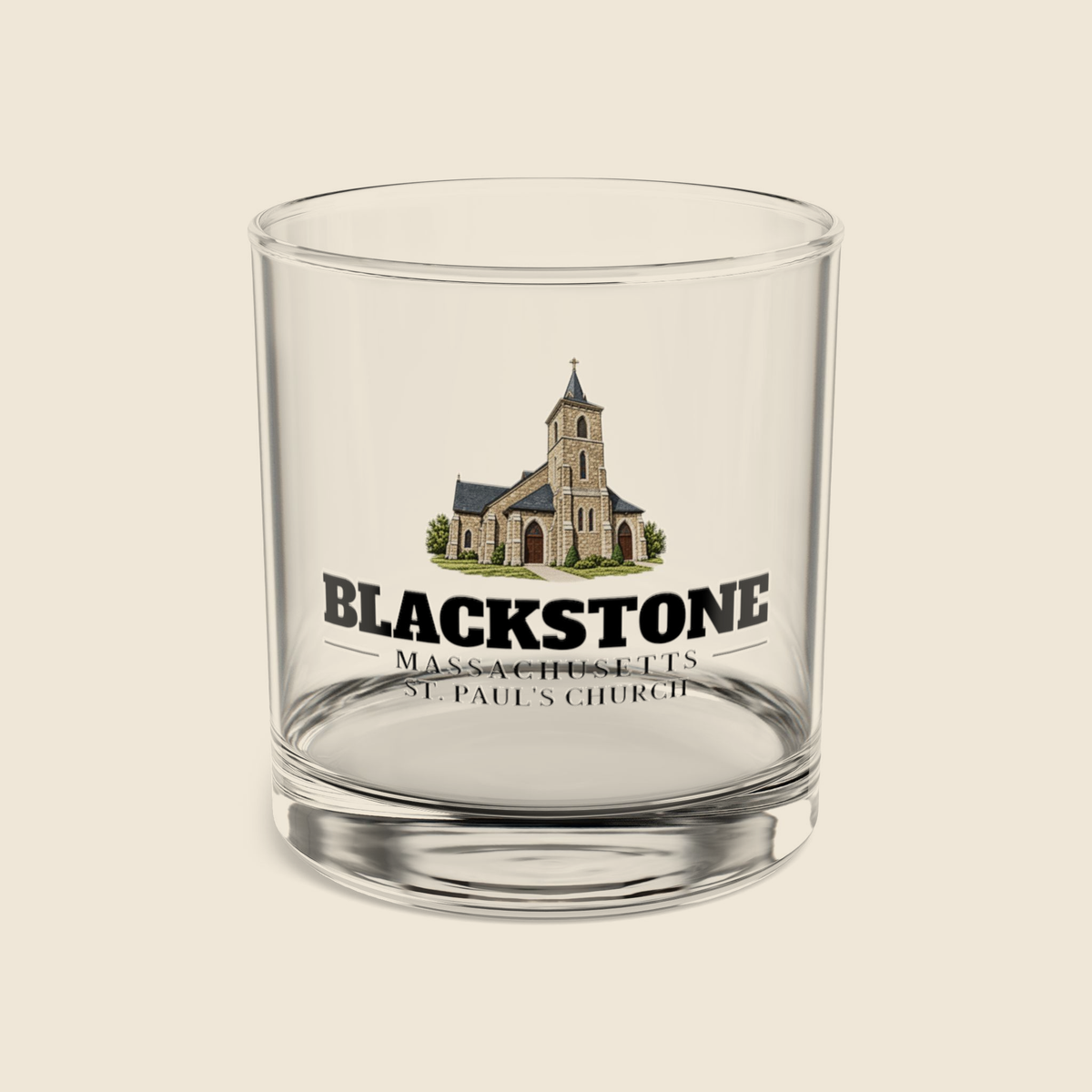 Blackstone St. Paul's Church rocks glass with colored engraving, shown on a cream background
