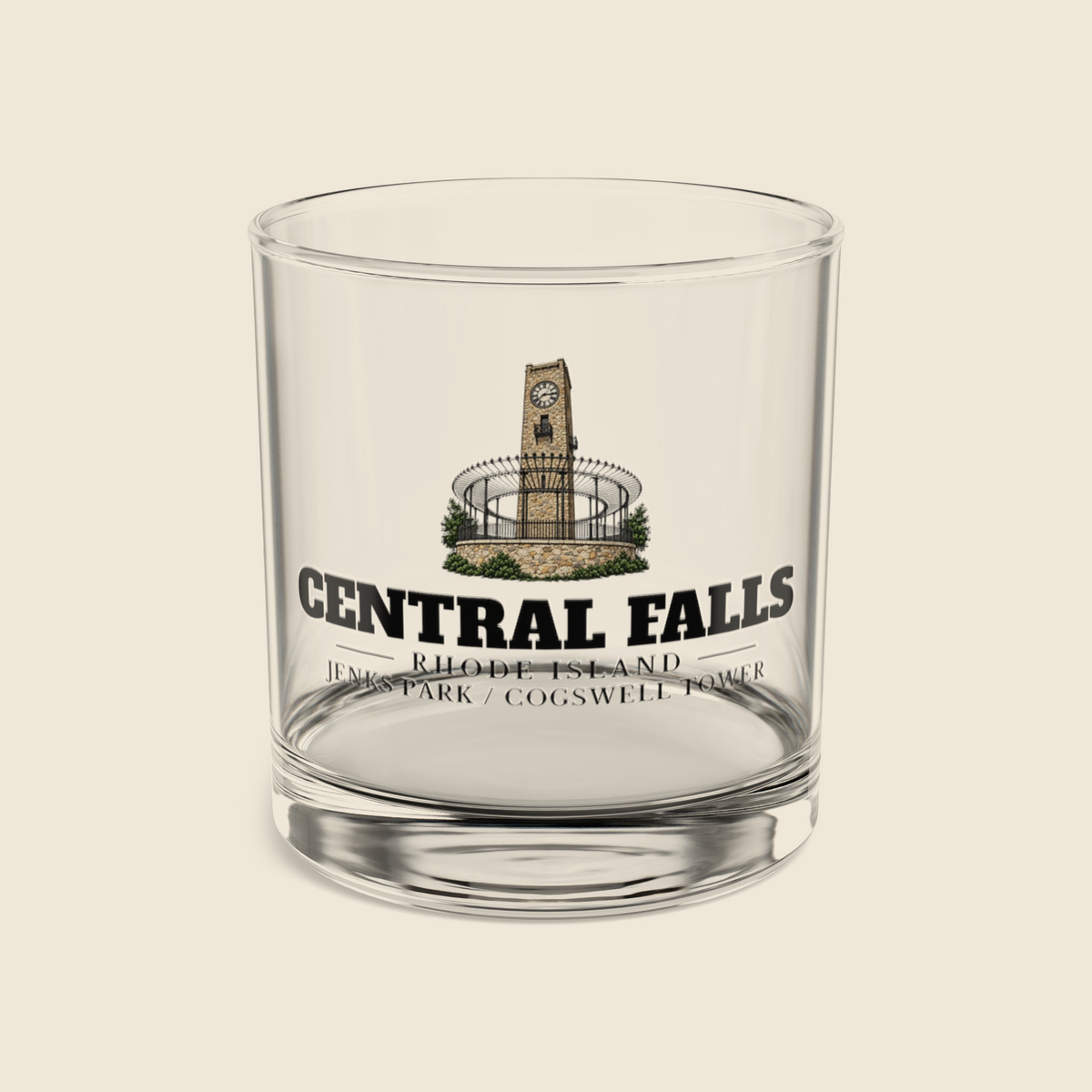 Central Falls Jenks Park / Cogswell Tower rocks glass with colored engraving, shown on a cream background