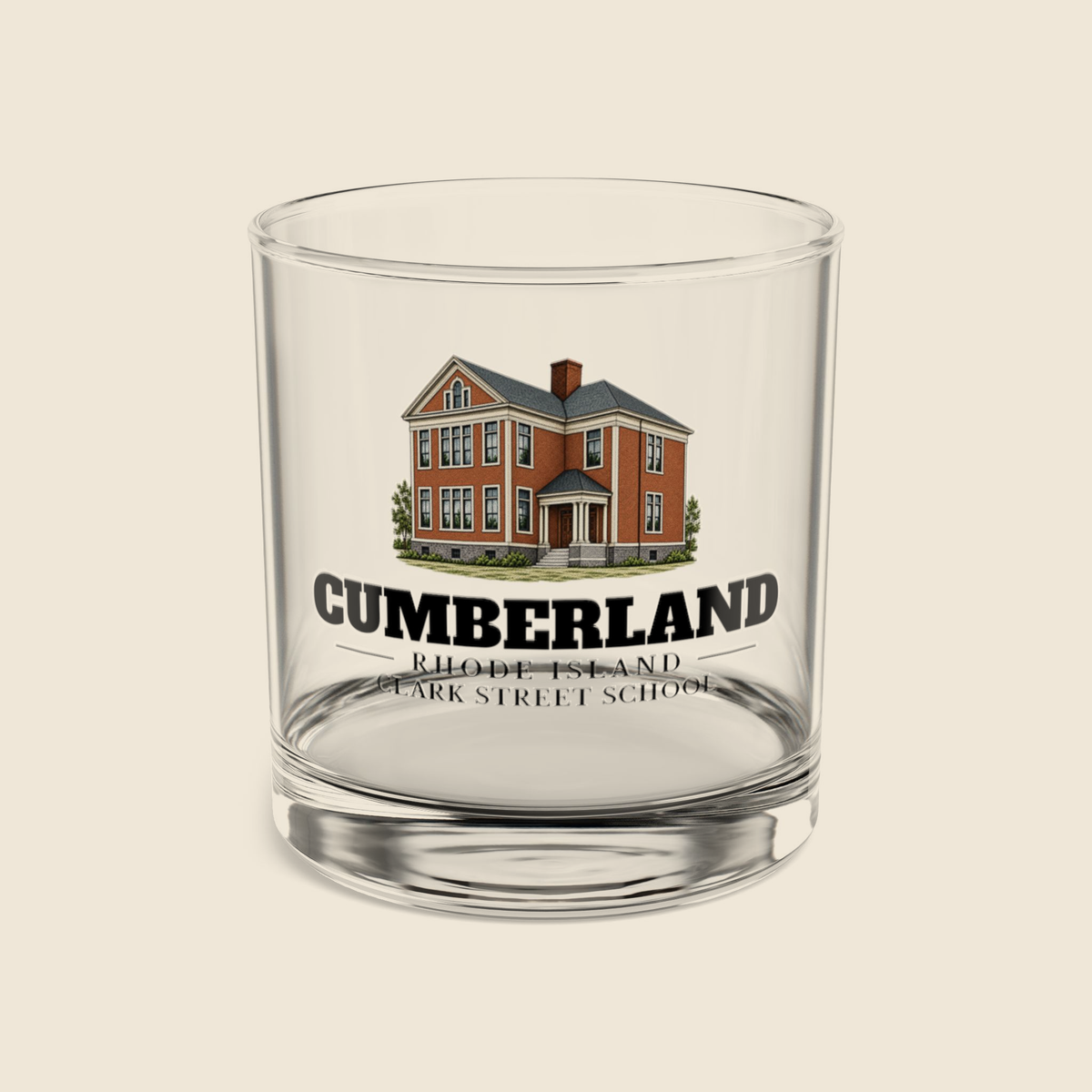 Cumberland Clark Street School rocks glass with colored engraving, shown on a cream background