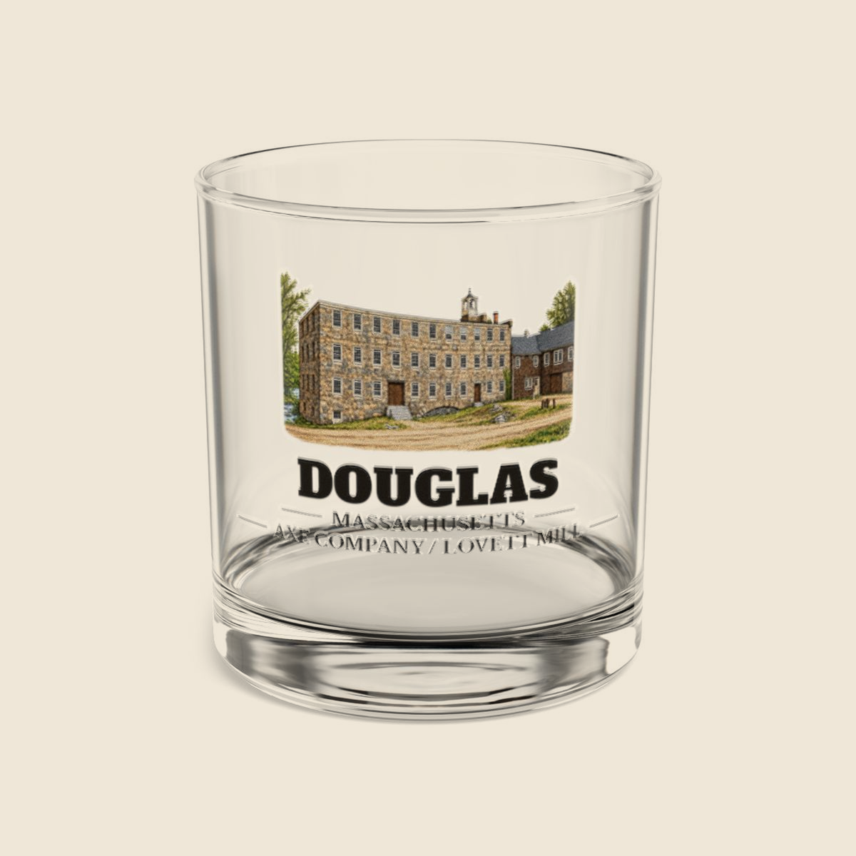 Douglas Axe Company / Lovett Mill colored engraving on a 10 oz clear rocks glass, cream display background