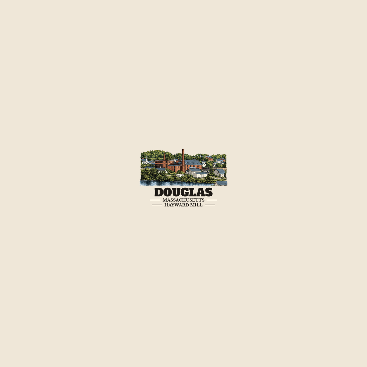 Douglas Hayward Mill colored engraving on a 10 oz clear rocks glass, cream display background