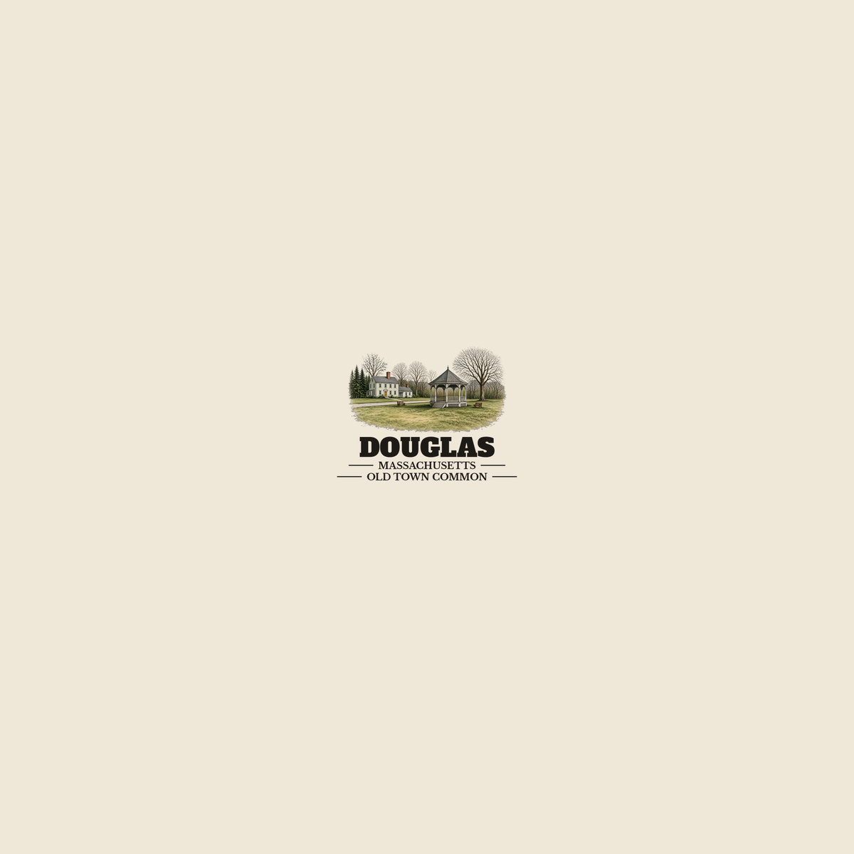 Douglas Old Town Common colored engraving on a 10 oz clear rocks glass, cream display background
