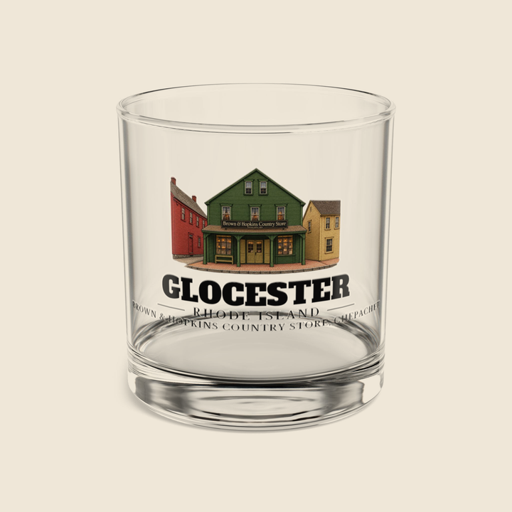 Glocester Brown & Hopkins Country Store, Chepachet rocks glass with colored engraving, shown on a cream background