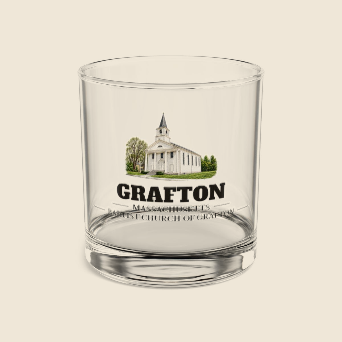 Grafton Baptist Church of Grafton colored engraving on a 10 oz clear rocks glass, cream display background