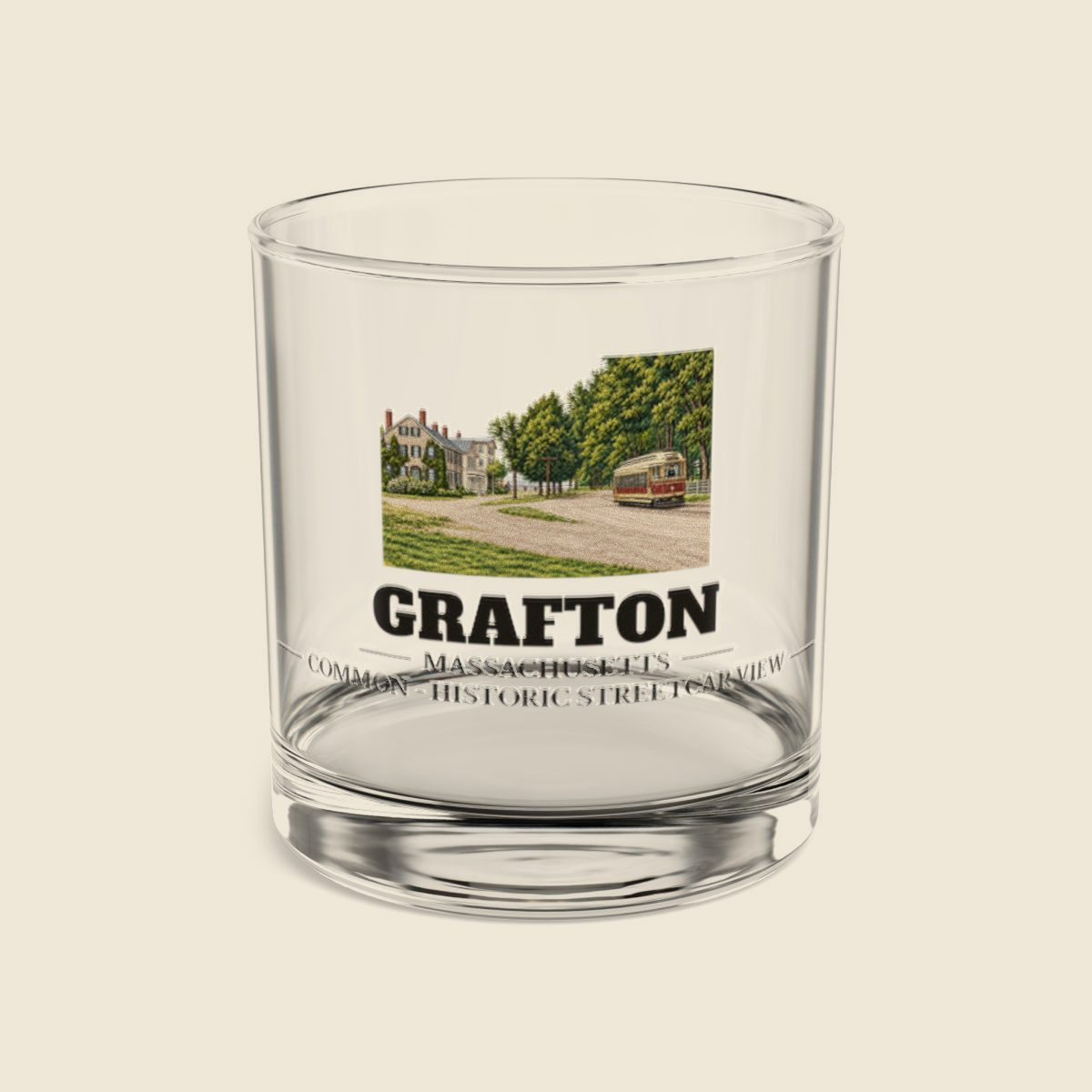 Grafton Common - Historic Streetcar View colored engraving on a 10 oz clear rocks glass, cream display background