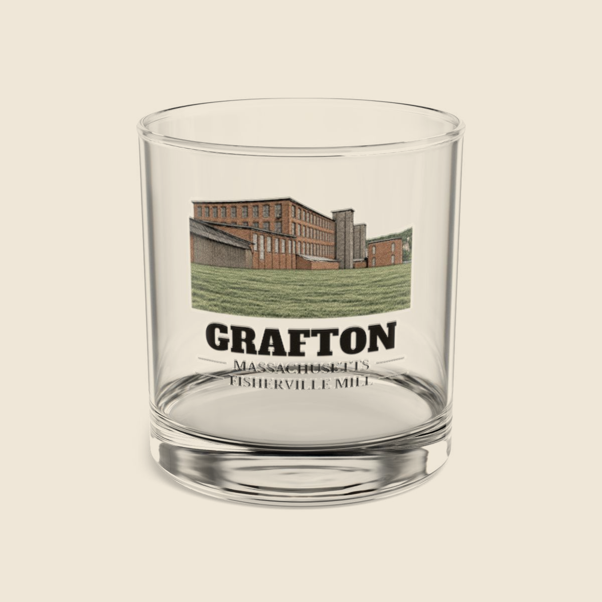Grafton Fisherville Mill colored engraving on a 10 oz clear rocks glass, cream display background