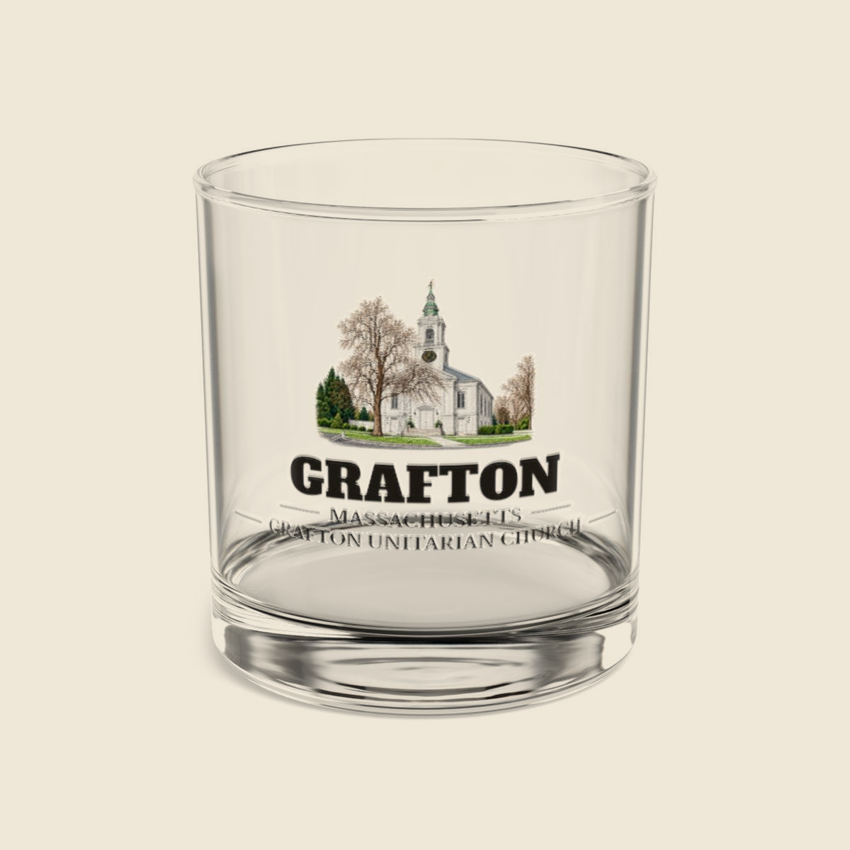 Grafton Unitarian Church at Grafton Common colored engraving on a 10 oz clear rocks glass, cream display background