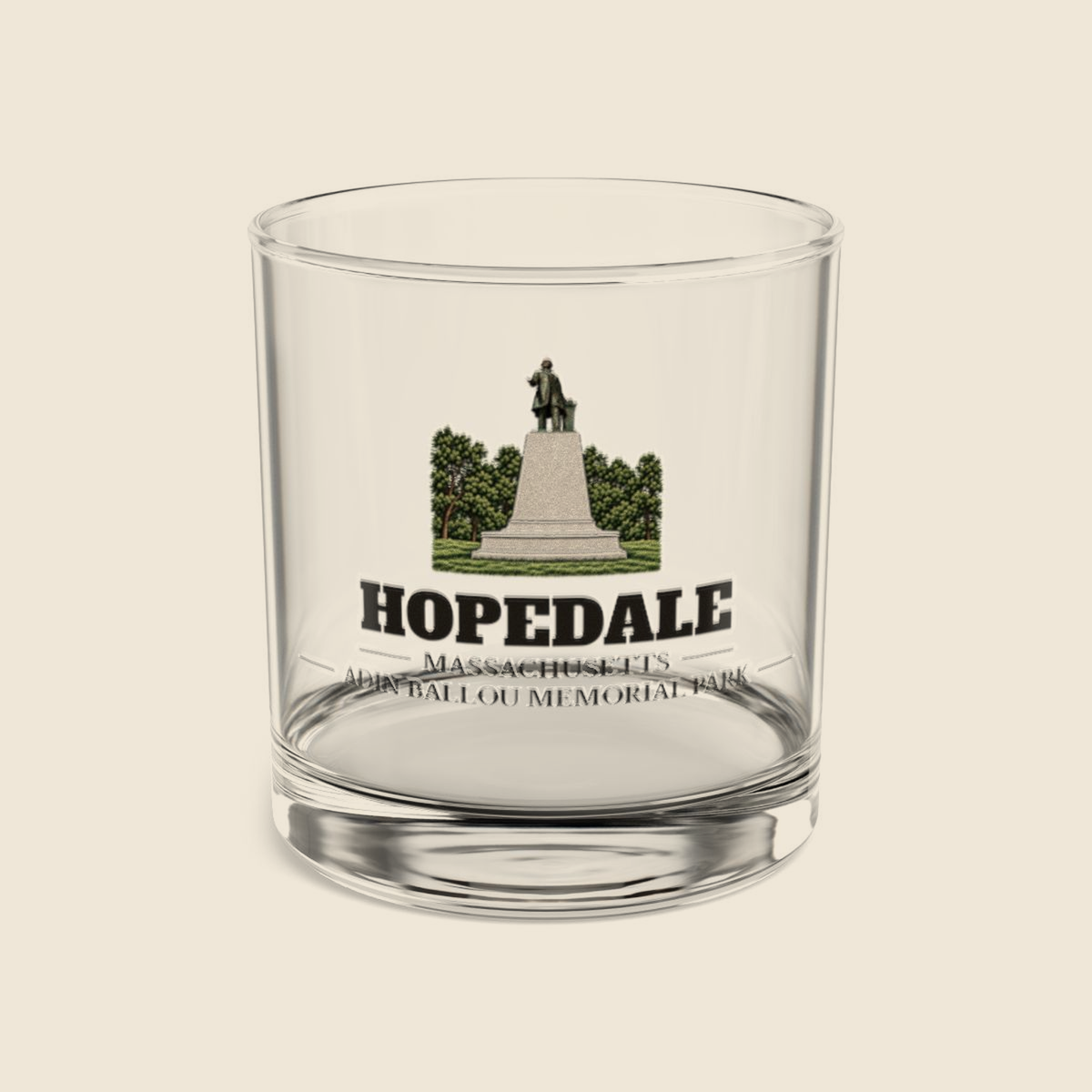 Hopedale Adin Ballou Memorial Statue and Park colored engraving on a 10 oz clear rocks glass, cream display background