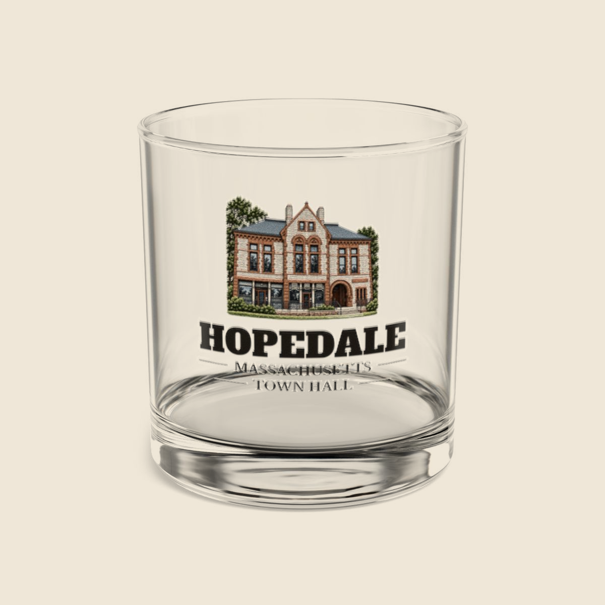 Hopedale Town Hall colored engraving on a 10 oz clear rocks glass, cream display background