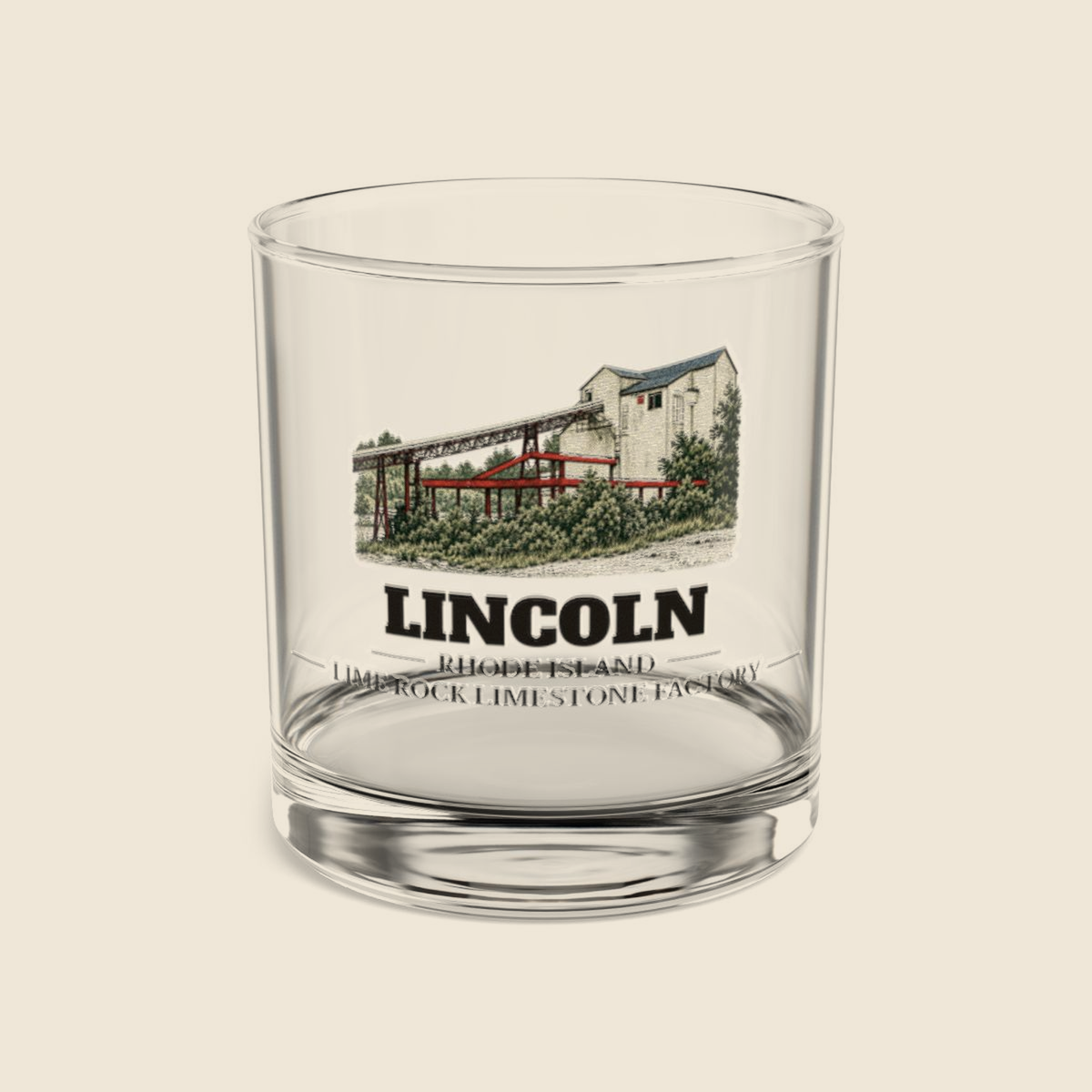 Lincoln Lime Rock Limestone Factory colored engraving on a 10 oz clear rocks glass, cream display background