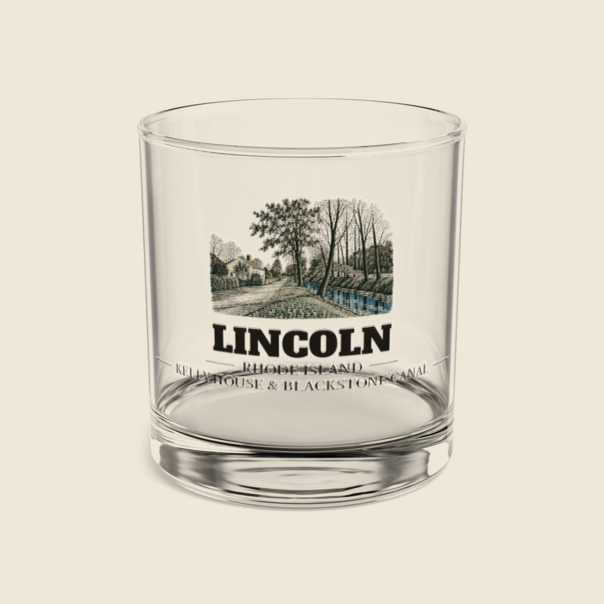 Lincoln Old Ashton Kelly House and Blackstone Canal colored engraving on a 10 oz clear rocks glass, cream display background