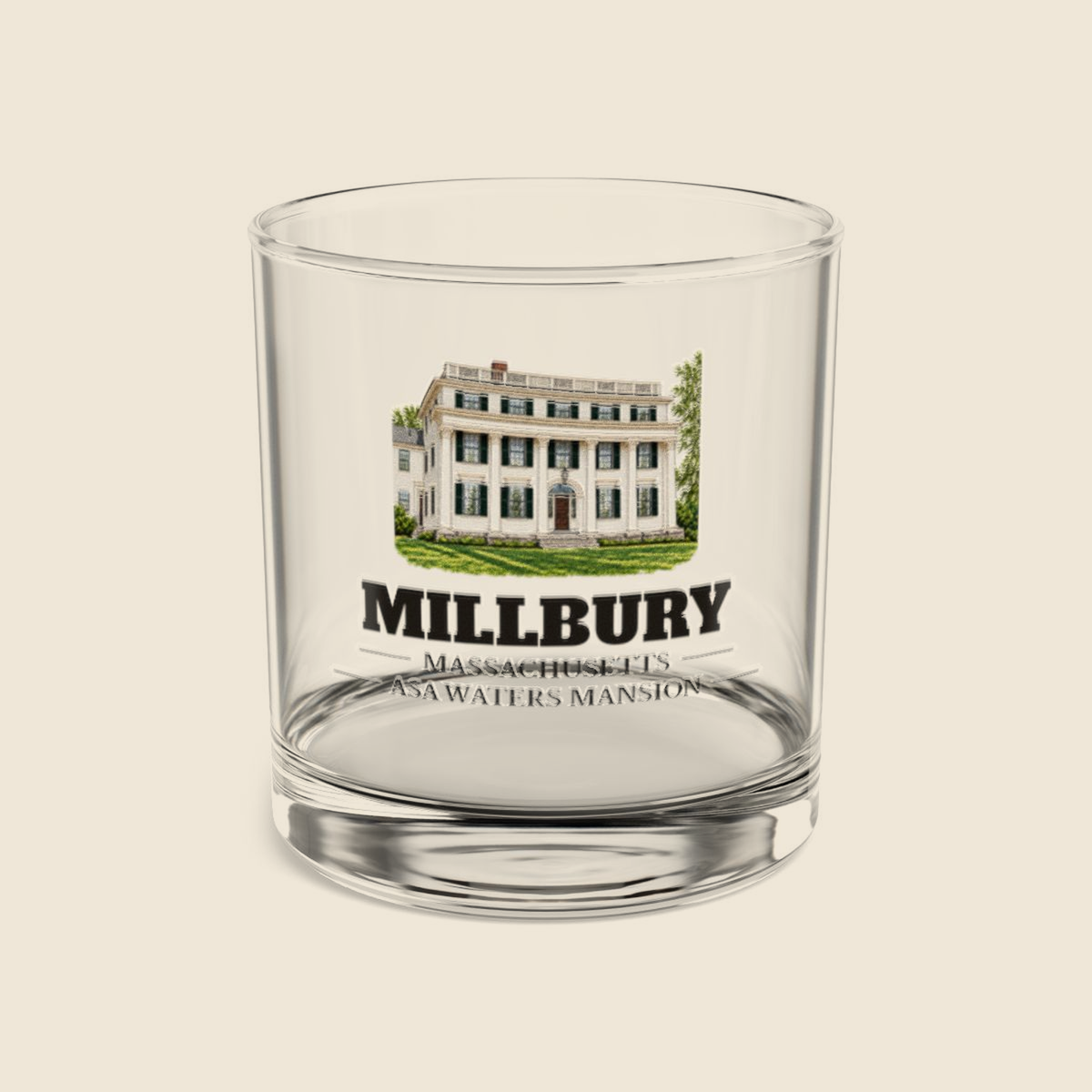 Millbury Asa Waters Mansion colored engraving on a 10 oz clear rocks glass, cream display background