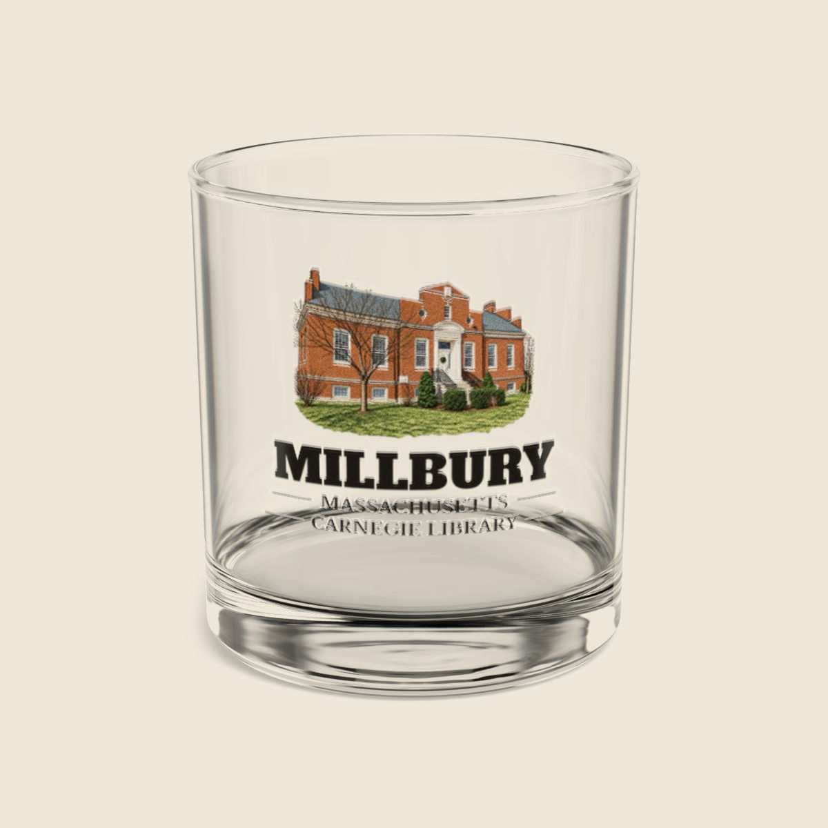 Millbury Carnegie Library colored engraving on a 10 oz clear rocks glass, cream display background