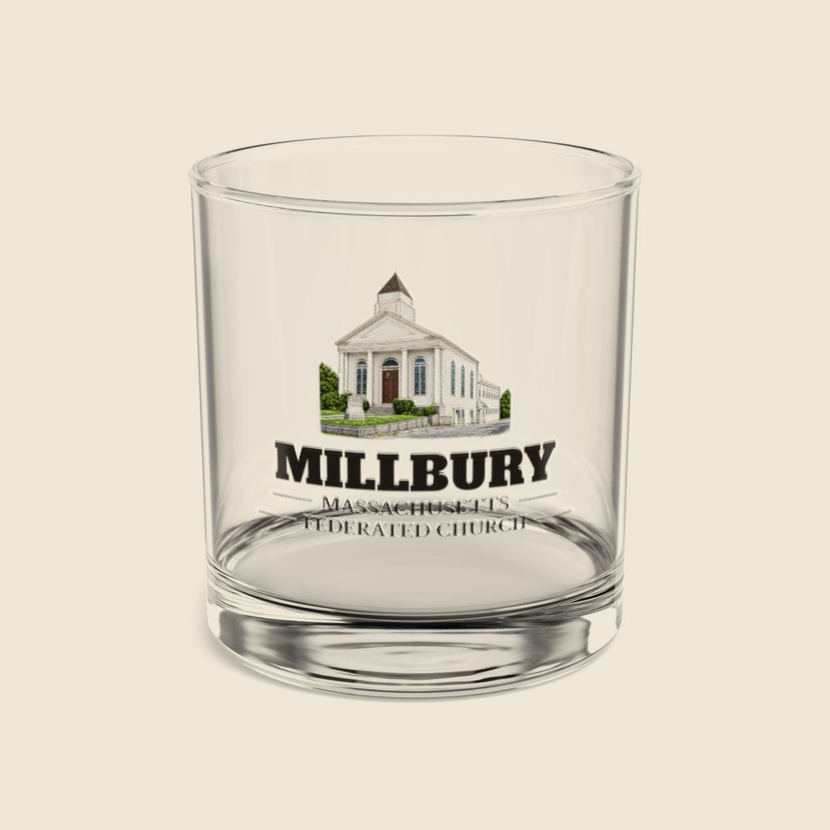 Millbury Federated Church / First Presbyterian Meeting House colored engraving on a 10 oz clear rocks glass, cream display background