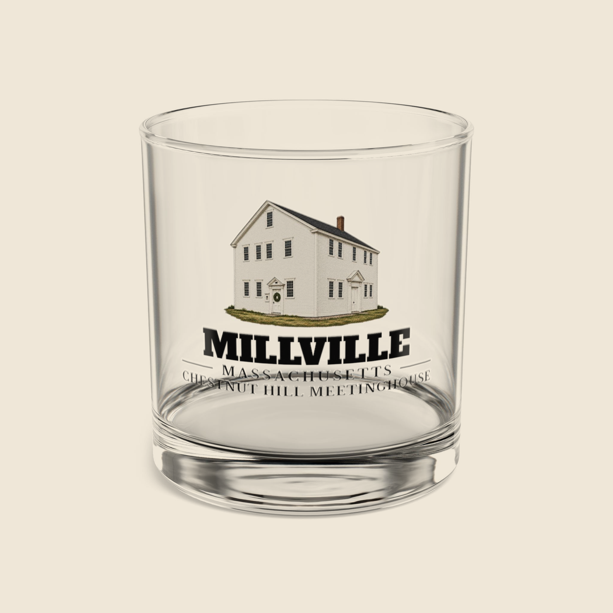 Millville Chestnut Hill Meetinghouse rocks glass with colored engraving, shown on a cream background