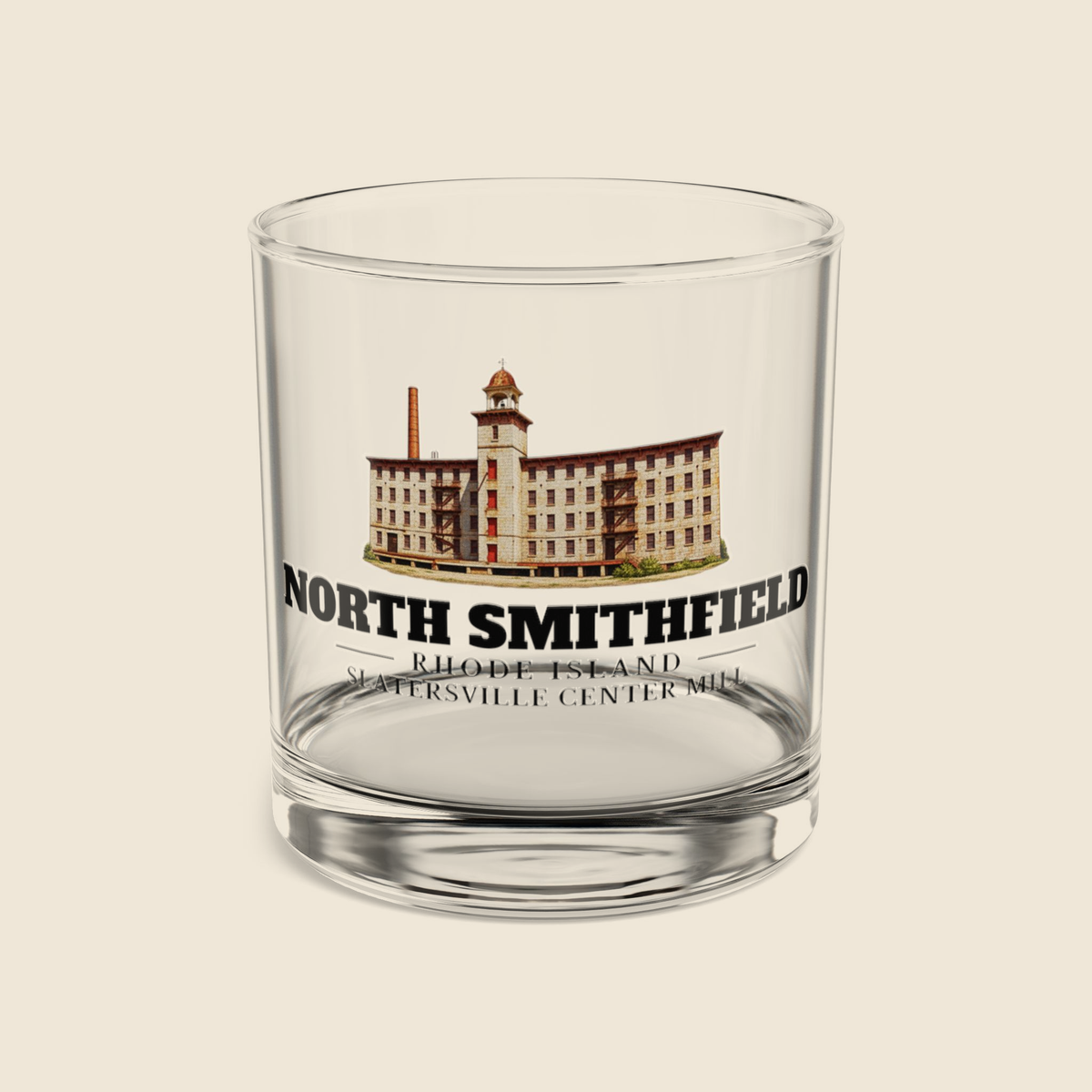 North Smithfield Slatersville Center Mill rocks glass with colored engraving, shown on a cream background