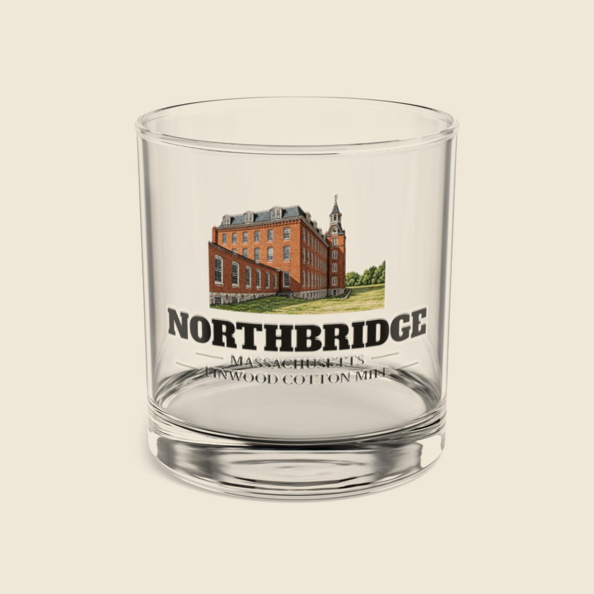 Northbridge Linwood Cotton Mill colored engraving on a 10 oz clear rocks glass, cream display background
