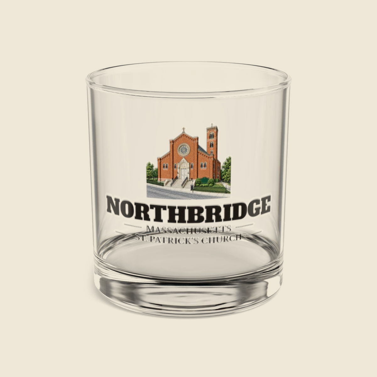 Northbridge St. Patrick's Church colored engraving on a 10 oz clear rocks glass, cream display background
