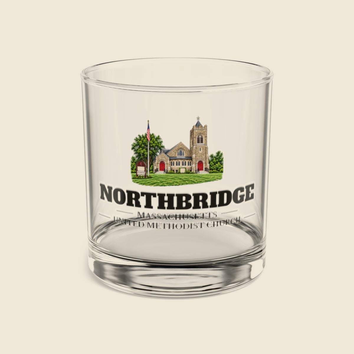 Northbridge United Methodist Church colored engraving on a 10 oz clear rocks glass, cream display background
