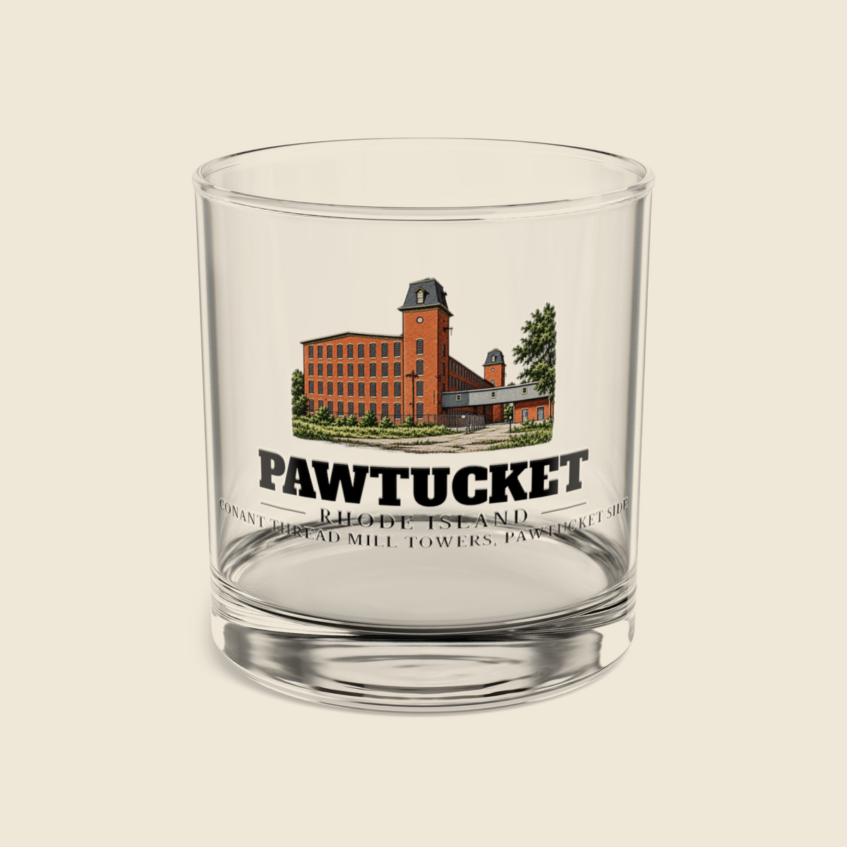 Pawtucket Conant Thread Mill Towers, Pawtucket Side rocks glass with colored engraving, shown on a cream background