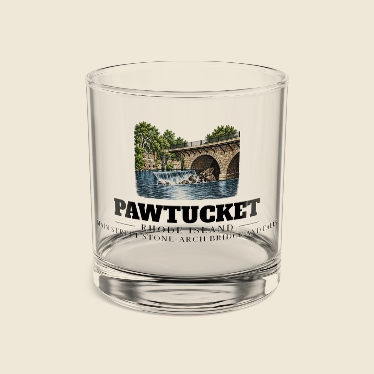 Pawtucket Main Street Stone-Arch Bridge and Falls rocks glass with colored engraving, shown on a cream background