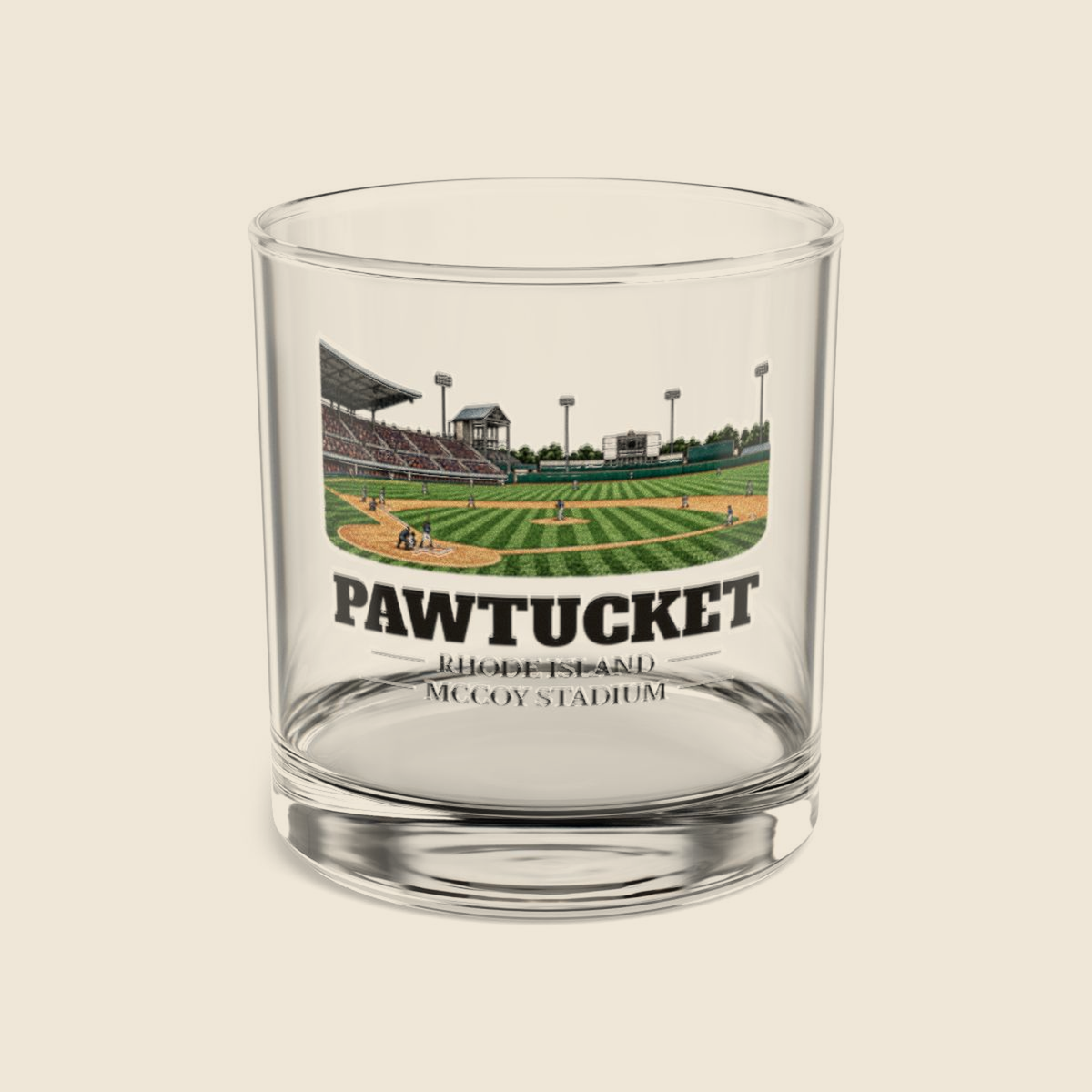 Pawtucket McCoy Stadium colored engraving on a 10 oz clear rocks glass, cream display background