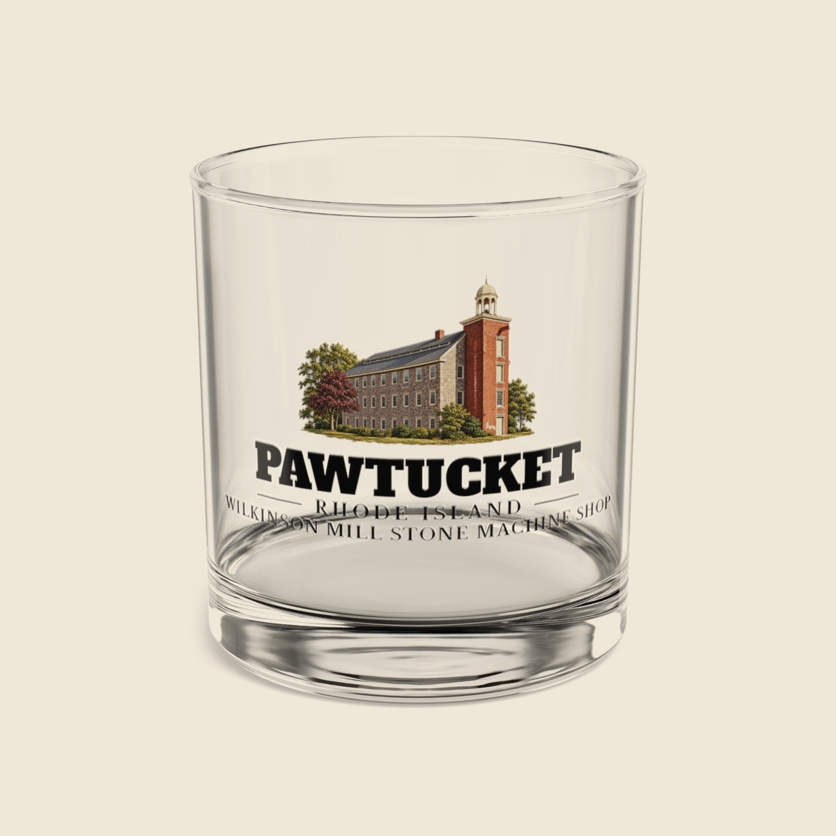 Pawtucket Wilkinson Mill Stone Machine Shop rocks glass with colored engraving, shown on a cream background